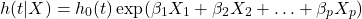 \[h(t|X) = h_0(t) \exp(\beta_1 X_1 + \beta_2 X_2 + \ldots + \beta_p X_p)\]