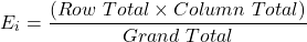 \[E_i = \frac{(Row\ Total \times Column\ Total)}{Grand\ Total}\]
