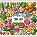 ین تصویر نشاندهنده مواد غذایی مجاز در رژیم پالئو است که شامل گوشتهای کمچرب، ماهی، میوهها، سبزیجات، مغزها و دانهها میباشد.