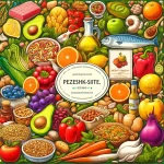 این تصویر نشاندهنده مواد غذایی مجاز در رژیم مدیترانهای است که شامل میوهها، سبزیجات، غلات کامل، ماهی، روغن زیتون، مغزها و دانهها میباشد