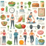 این تصویر نشاندهنده روشهای مختلف و مؤثر برای کاهش وزن است که شامل غذاهای سالم مانند میوهها، سبزیجات، پروتئینهای کمچرب و غلات کامل؛ افراد در حال ورزش مانند دویدن، وزنهبرداری و یوگا؛ نوشیدن آب؛ و خوابیدن میباشد