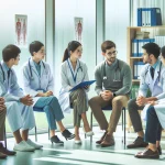 عکس نشاندهنده گروهی از پزشکان و رزیدنتها در یک محیط بیمارستانی است که در حال گفتگو و حمایت از یکدیگر هستند. یک مشاور یا رواندرمانگر نیز در صحنه حضور دارد که به ارائه حمایت روانی میپردازد. این تصویر بر اهمیت حمایت روانی از حرفهایهای پزشکی تأکید دارد.