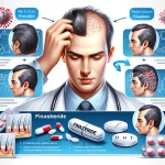 این تصویر شامل مزایا و مکانیزم عملکرد فیناستراید برای جلوگیری از ریزش مو، قبل و بعد از مصرف فیناستراید، و نمودارهایی است که نشان میدهد چگونه فیناستراید با کاهش سطح DHT (دیهیدروتستوسترون) عمل میکند