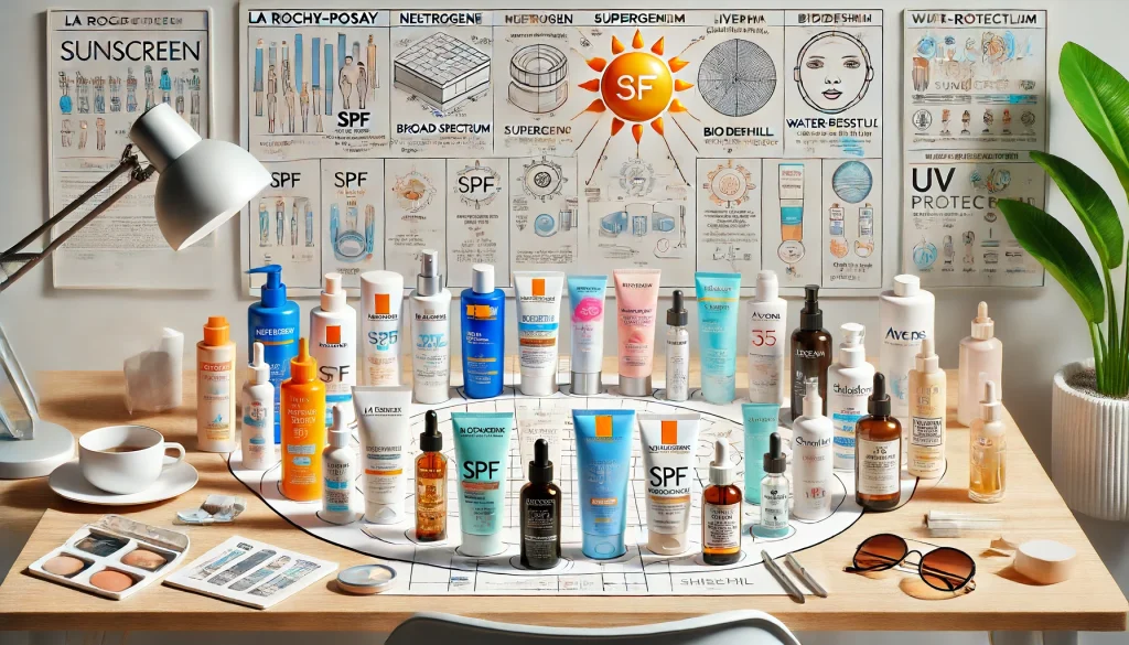 تصویر زیر نمایشدهنده برندهای برتر کرم ضد آفتاب است. این تصویر شامل یک فضای کاری با چندین بطری کرم ضد آفتاب از برندهای محبوب مانند لاروش پوزای، نوتروژینا، الترا ویولت، الاوریال، سوپرگوپ، اِلتا امدی، بیودرما، آوِن، شیسیدو و سیتافیل است. هر بطری دارای برچسبهایی با مشخصات SPF، محافظت گسترده و مقاومت در برابر آب است. فضای کاری شامل نموداری توضیحدهنده اهمیت کرم ضد آفتاب، دیاگرامهای محافظت در برابر UV و چندین آیتم مراقبت از پوست مانند کلاه و عینک آفتابی است که بازتابی از یک محیط حرفهای و آموزشی با تمرکز بر مراقبت از پوست و حفاظت در برابر آفتاب میباشد.