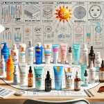 تصویر زیر نمایشدهنده برندهای برتر کرم ضد آفتاب است. این تصویر شامل یک فضای کاری با چندین بطری کرم ضد آفتاب از برندهای محبوب مانند لاروش پوزای، نوتروژینا، الترا ویولت، الاوریال، سوپرگوپ، اِلتا امدی، بیودرما، آوِن، شیسیدو و سیتافیل است. هر بطری دارای برچسبهایی با مشخصات SPF، محافظت گسترده و مقاومت در برابر آب است. فضای کاری شامل نموداری توضیحدهنده اهمیت کرم ضد آفتاب، دیاگرامهای محافظت در برابر UV و چندین آیتم مراقبت از پوست مانند کلاه و عینک آفتابی است که بازتابی از یک محیط حرفهای و آموزشی با تمرکز بر مراقبت از پوست و حفاظت در برابر آفتاب میباشد.