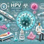 تصویر زیر یک تصویر حرفهای از جدیدترین روشهای درمان زگیل تناسلی HPV را نشان میدهد. در این تصویر روشهای مختلف درمانی مانند کرایوتراپی، لیزر درمانی، کرم ایمیکیمود، پدوفیلوکس و واکسن HPV دیده میشود. این تصویر در یک محیط پزشکی با پزشک که در حال توضیح این درمانها به بیمار است، قرار دارد. عناصر اضافی شامل نمودارهایی از زگیل تناسلی و ویروس HPV هستند که به تصویر افزوده شدهاند تا بر پیشرفتهای مدرن پزشکی و مراقبت از بیمار تأکید شود.