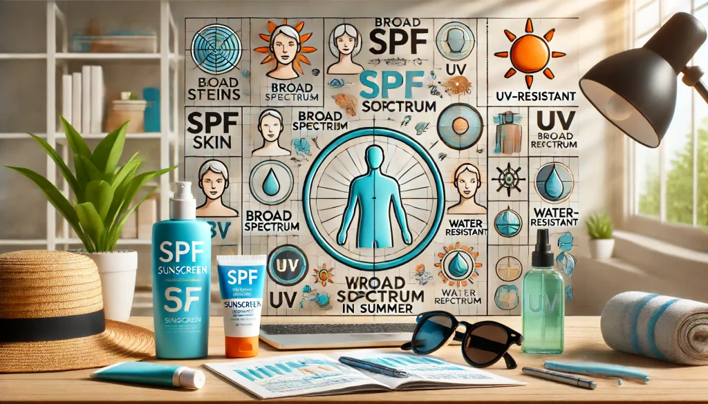 تصویر زیر نمایشدهنده موارد ضروری برای انتخاب کرم ضد آفتاب مناسب در تابستان است. این تصویر شامل یک فضای کاری با انواع بطریهای کرم ضد آفتاب با برچسبهای SPF، محافظت گسترده و مقاومت در برابر آب است. همچنین، تصاویری از انواع پوست، دیاگرامی از محافظت در برابر اشعه UV و وسایلی مانند کلاه، عینک آفتابی و بطری آب دیده میشود. این محیط بازتابی از یک فضای حرفهای و آموزشی با تمرکز بر مراقبت از پوست و حفاظت در برابر آفتاب است.