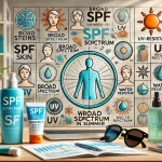 تصویر زیر نمایشدهنده موارد ضروری برای انتخاب کرم ضد آفتاب مناسب در تابستان است. این تصویر شامل یک فضای کاری با انواع بطریهای کرم ضد آفتاب با برچسبهای SPF، محافظت گسترده و مقاومت در برابر آب است. همچنین، تصاویری از انواع پوست، دیاگرامی از محافظت در برابر اشعه UV و وسایلی مانند کلاه، عینک آفتابی و بطری آب دیده میشود. این محیط بازتابی از یک فضای حرفهای و آموزشی با تمرکز بر مراقبت از پوست و حفاظت در برابر آفتاب است.