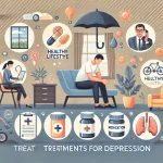 تصویر زیر یک تصویر جامع و حرفهای از درمانهای افسردگی را نشان میدهد. این تصویر شامل عناصری مانند یک فرد در جلسه درمانی، بطریهای دارو، آیکونهای مربوط به سبک زندگی سالم (ورزش، رژیم غذایی متعادل) و حمایت از دوستان و خانواده است. پسزمینه تصویر یک محیط آرام و اطمینانبخش را نشان میدهد که بر اهمیت مراقبت از سلامت روان و روشهای درمانی جامع تاکید میکند.
