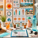 تصویر زیر نمایشدهنده درمان و پیشگیری از گرمازدگی در تابستان است. این تصویر شامل یک فضای کاری پزشکی با نمودارها و دیاگرامهایی است که علائم و درمانهای گرمازدگی را نشان میدهند. در این فضا، یک لیوان آب، نوشیدنی الکترولیت، کرم ضدآفتاب، کلاه و یک فن دیده میشوند. همچنین تصاویر فعالیتهای بیرونی با افرادی که هیدراته میمانند و از حفاظت در برابر آفتاب استفاده میکنند نیز حضور دارند. این محیط بازتابی از یک فضای حرفهای و آموزشی است.