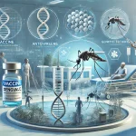 عکس زیر یک تصویر حرفهای از روشهای مدرن درمان تب دانگی را نشان میدهد. این تصویر شامل عناصری مانند واکسن (Dengvaxia)، داروهای ضد ویروسی، تکنیکهای ژنتیکی مربوط به پشهها و اقدامات پیشگیرانه مانند استفاده از دورکنندههای حشرات و حذف آبهای راکد است