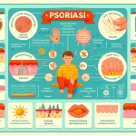 این تصویر اینفوگرافیک در مورد بیماری پسوریازیس، شامل عوامل ژنتیکی، نقش سیستم ایمنی، عوامل محیطی، علائم شایع، انواع مختلف پسوریازیس، تشخیص، درمانها و نکات مدیریت سبک زندگی است.