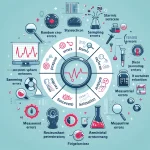 این تصویر نشاندهنده انواع خطاها در پژوهشهای پزشکی است. هر بخش از تصویر نمایانگر یک نوع خطای مختلف است: خطاهای تصادفی، خطاهای سیستماتیک، خطاهای نمونهگیری، خطاهای اندازهگیری، و خطاهای تحلیلی. هر بخش دارای نمادها و آیکونهایی است که خطای خاصی را نشان میدهد