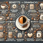 عکس زیر یک تصویر جامع از فواید و مضرات نوشیدن قهوه را نشان میدهد. در این تصویر عناصری مانند یک فنجان قهوه، دانههای قهوه و آیکونهایی که نشاندهنده افزایش انرژی، بهبود عملکرد مغزی، آنتیاکسیدانها و بهبود عملکرد ورزشی در بخش فواید و همچنین آیکونهایی برای مشکلات خواب، افزایش اضطراب، مشکلات گوارشی و اعتیاد به کافئین در بخش مضرات هستند، دیده میشود