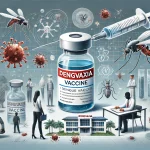 عکس زیر یک تصویر حرفهای از واکسن Dengvaxia برای تب دانگی را نشان میدهد. در این تصویر یک محیط پزشکی با تمرکز بر ویال واکسن با برچسب "Dengvaxia"، یک سرنگ و یک کادر درمانی در حال تزریق واکسن دیده میشود.