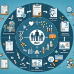 ین تصویر مراحل مختلف تحقیقات کارآزمایی بالینی تصادفی (RCT) را در پژوهشهای پزشکی نشان میدهد. مراحل شامل طراحی مطالعه، انتخاب شرکتکنندگان، اجرای مداخله، جمعآوری دادهها، تحلیل دادهها و نتیجهگیری هستند. هر مرحله با نمادها و آیکونهایی مانند فرمها و اسناد برای طراحی مطالعه، گروهی از افراد برای انتخاب شرکتکنندگان، سرنگ و دارو برای اجرای مداخله، نمودارها و گرافها برای تحلیل دادهها و یک ذرهبین برای نتیجهگیری نمایش داده شده است