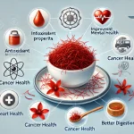 تصویر زیر یک تصویر جامع از فواید دارویی زعفران را نشان میدهد. این تصویر شامل عناصری مانند یک کاسه زعفران، یک فنجان دمنوش زعفران و آیکونهایی است که نشاندهنده خواص آنتیاکسیدانی، بهبود سلامت روان، پیشگیری از سرطان، سلامت قلب و بهبود گوارش هستند. پسزمینه تصویر یک محیط پزشکی پاک و آرام را نشان میدهد که بر اهمیت درمانهای طبیعی و نقش زعفران در سلامت کلی تاکید میکند.