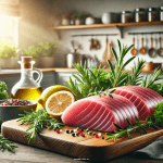 فیلههای تازه ماهی تن بر روی تخته برش چوبی