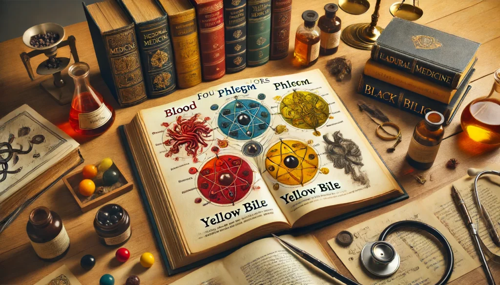 تصویر زیر نمایشدهنده چهار طبع اصلی در طب سنتی است. این تصویر شامل یک فضای کاری با کتابی باز از طب سنتی است که صفحهای را نشان میدهد که چهار طبع اصلی (دم، بلغم، صفرا و سودا) را توضیح میدهد. هر طبع با نمادها و رنگهای مربوطه نشان داده شده است: دم (قرمز)، بلغم (سفید)، صفرا (زرد) و سودا (سیاه). در اطراف فضای کاری، کتابهای پزشکی، گوشی پزشکی و داروهای گیاهی نیز دیده میشوند که محیطی سنتی و علمی را منعکس میکنند.