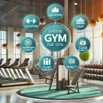 تصویر زیر معیارهای کلیدی انتخاب باشگاه بدنسازی را نشان میدهد. این تصویر شامل یک فضای داخلی مدرن از باشگاه با تجهیزات مختلف ورزشی مانند تردمیلها، وزنهها و دستگاههای تمرینی است. آیکونها و متنها به عوامل مهمی مانند موقعیت مکانی، تجهیزات، هزینه، بهداشت، تنوع کلاسها و کیفیت مربیان اشاره میکنند.