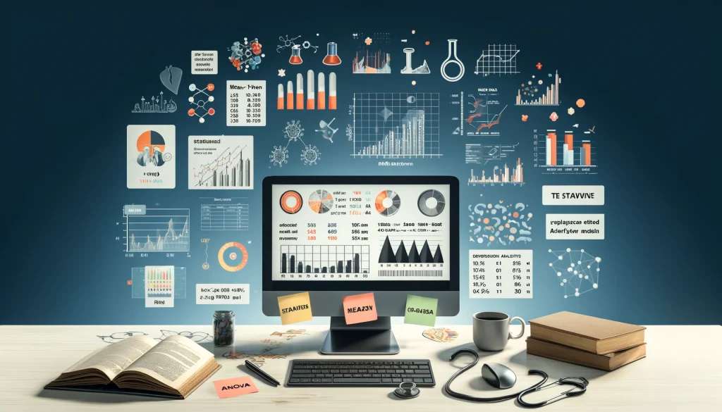 یک فضای کاری شامل روشهای آماری مختلف مورد استفاده در تحقیقات پزشکی نمایش داده شده است. این تصویر شامل یک کامپیوتر با نمودارها و جداول آماری، کتابهای پزشکی، مقالات تحقیقاتی