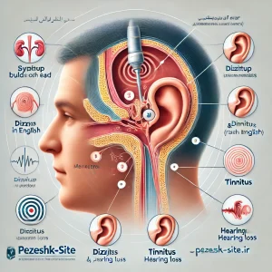ساختار گوش داخلی را نشان می‌دهد و به علائم مانند تجمع مایعات، سرگیجه، وزوز گوش و کاهش شنوایی اشاره دارد.