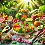 تصویر یک بشقاب رنگارنگ وگان شامل سبزیجات، غلات و میوههای تازه