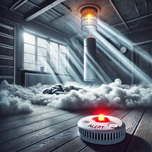 تصویری از دستگاه هشداردهنده مونوکسید کربن و بخاری گازسوز در یک محیط ایمن، همراه با توضیحات درباره پیشگیری از مسمومیت