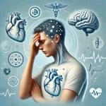 تصویری از یک فرد با حالت سرگیجه، نمادهای گوش داخلی و تعادل در پسزمینه