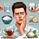 تصویری از فردی که صورت خود را گرفته و درد دندان دارد، با نمادهای مسکن و درمان طبیعی در پسزمینه