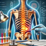 تصویری از ستون فقرات انسان با تأکید بر ناحیه کمر، نشاندهنده دیسک آسیبدیده همراه با درد و التهاب