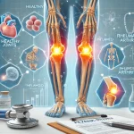 "تصویری از فردی که از درد مفاصل رنج میبرد و دست خود را روی زانوی متورم قرار داده است، با ابزارهای درمانی در پسزمینه.