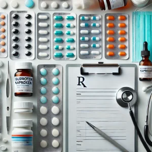 تصویری از انواع داروهای ضدالتهاب شامل قرص‌های ایبوپروفن، ناپروکسن و یک بسته داروی کورتیکواستروئیدی همراه با ابزار پزشکی.