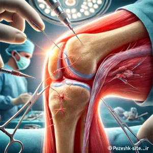 تصویری از آرتروسکوپی زانو با تمرکز بر ترمیم مینیسک، همراه با تجهیزات پزشکی و بیمار در حالت جراحی.