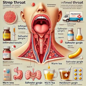 علائم گلودرد استرپتوکوکی، مانند التهاب لوزه‌ها، و روش‌های درمانی مانند آنتی‌بیوتیک‌ها، غرغره آب نمک و چای گرم