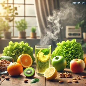 تصویری از مواد غذایی سالم مانند مرکبات، سبزیجات برگ سبز، آجیل و ماهی‌های چرب برای مقابله با اثرات آلودگی هوا