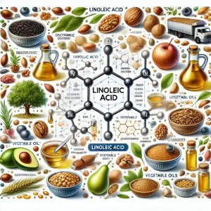 ساختار مولکولی لینولئیک اسید، منابع غذایی طبیعی آن مانند مغزها، دانه‌ها و روغن‌های گیاهی، و مزایا و مضرات مصرف آن