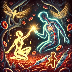 این تصویر به‌صورت نمادین و هنری، انسولین و گلوکز را به‌عنوان عاشقانی که در حال فاصله گرفتن از یکدیگرند، نمایش می‌دهد