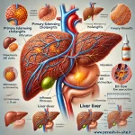 تصویر مرتبط با بیماری کلانژیت اسکلروزان اولیه (PSC) شامل نمایش التهاب، فیبروز و تنگی مجاری صفراوی، همراه با مقایسه کبد سالم و کبد درگیر