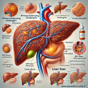 تصویر مرتبط با بیماری کلانژیت اسکلروزان اولیه (PSC) شامل نمایش التهاب، فیبروز و تنگی مجاری صفراوی، همراه با مقایسه کبد سالم و کبد درگیر