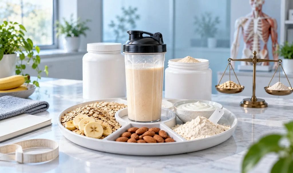 شیک و پودر گینر در کنار منابع کربوهیدرات و پروتئین با چیدمان علمی برای راهنمای انتخاب گینر