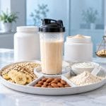 شیک و پودر گینر در کنار منابع کربوهیدرات و پروتئین با چیدمان علمی برای راهنمای انتخاب گینر